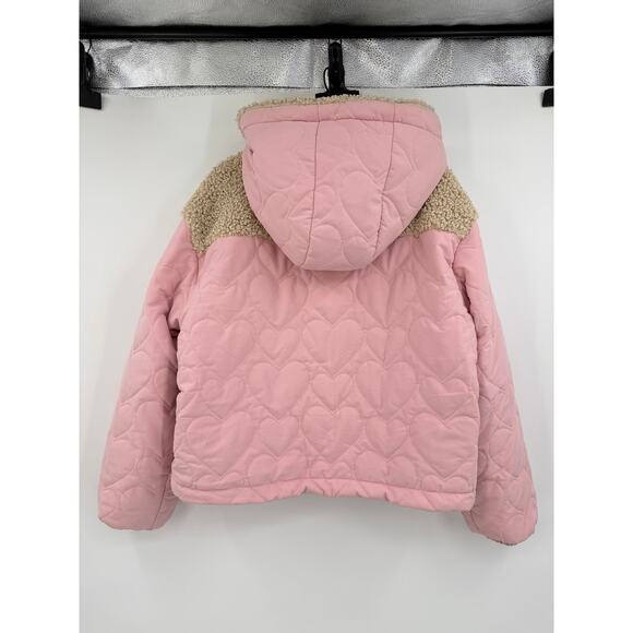 For Love And Lemons Jacket Pink Heart Puffer Coat Hooded Sherpa Trim Zip Up Sz M - Picture 2 of 12